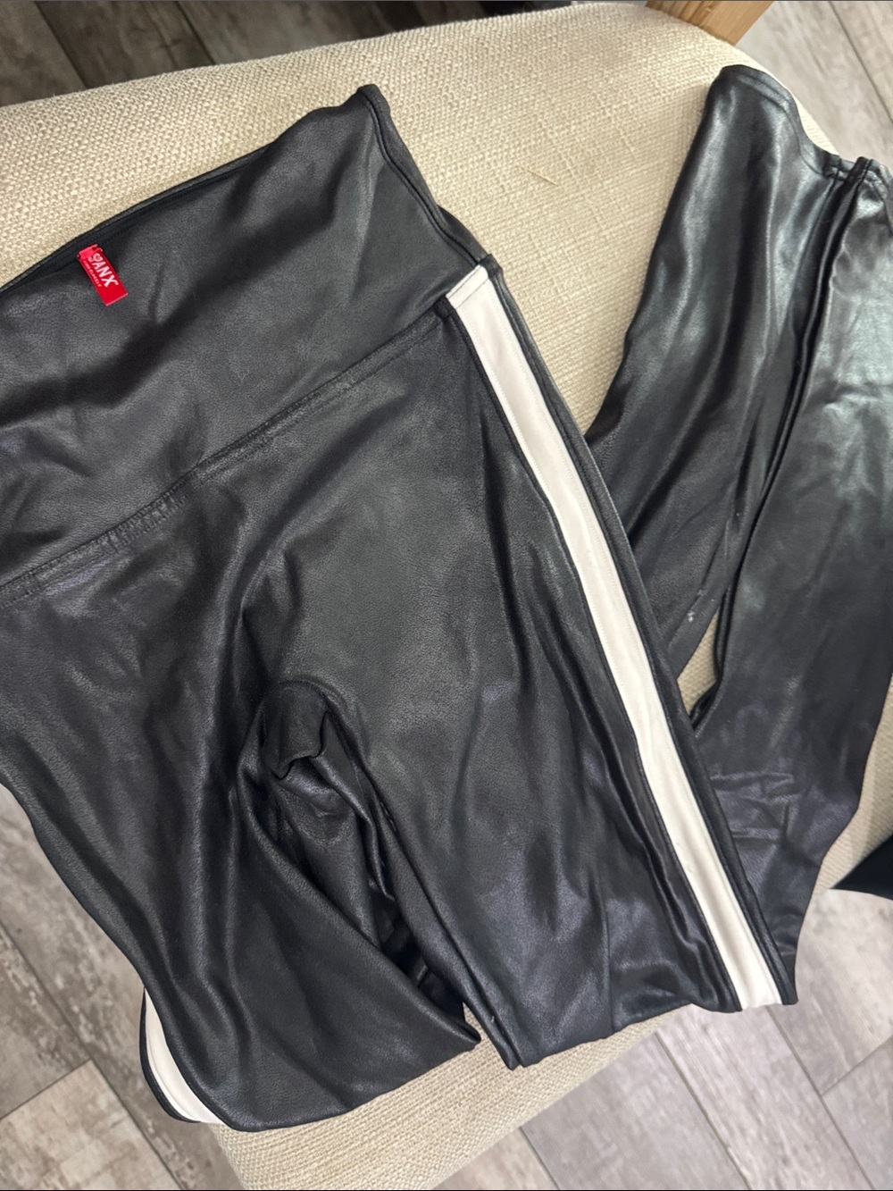 SPANX Black Faux Leather Leggings with White Side Stripe and Red Logo